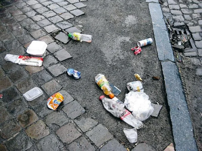 Litter scattered on a paved street, an example of an environmental report