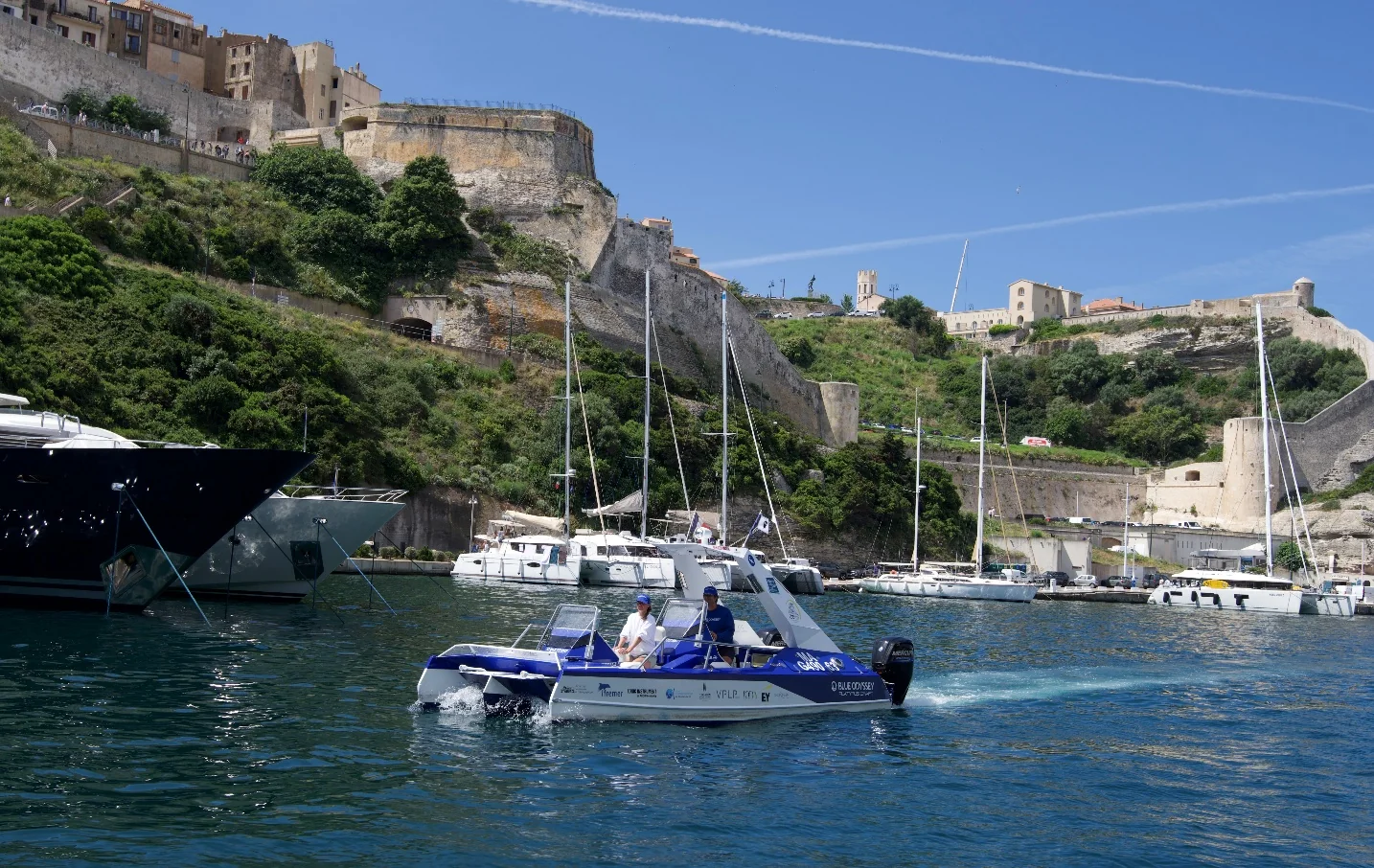 The Platypus sailing in the harbour of Bonifacio, Corsica