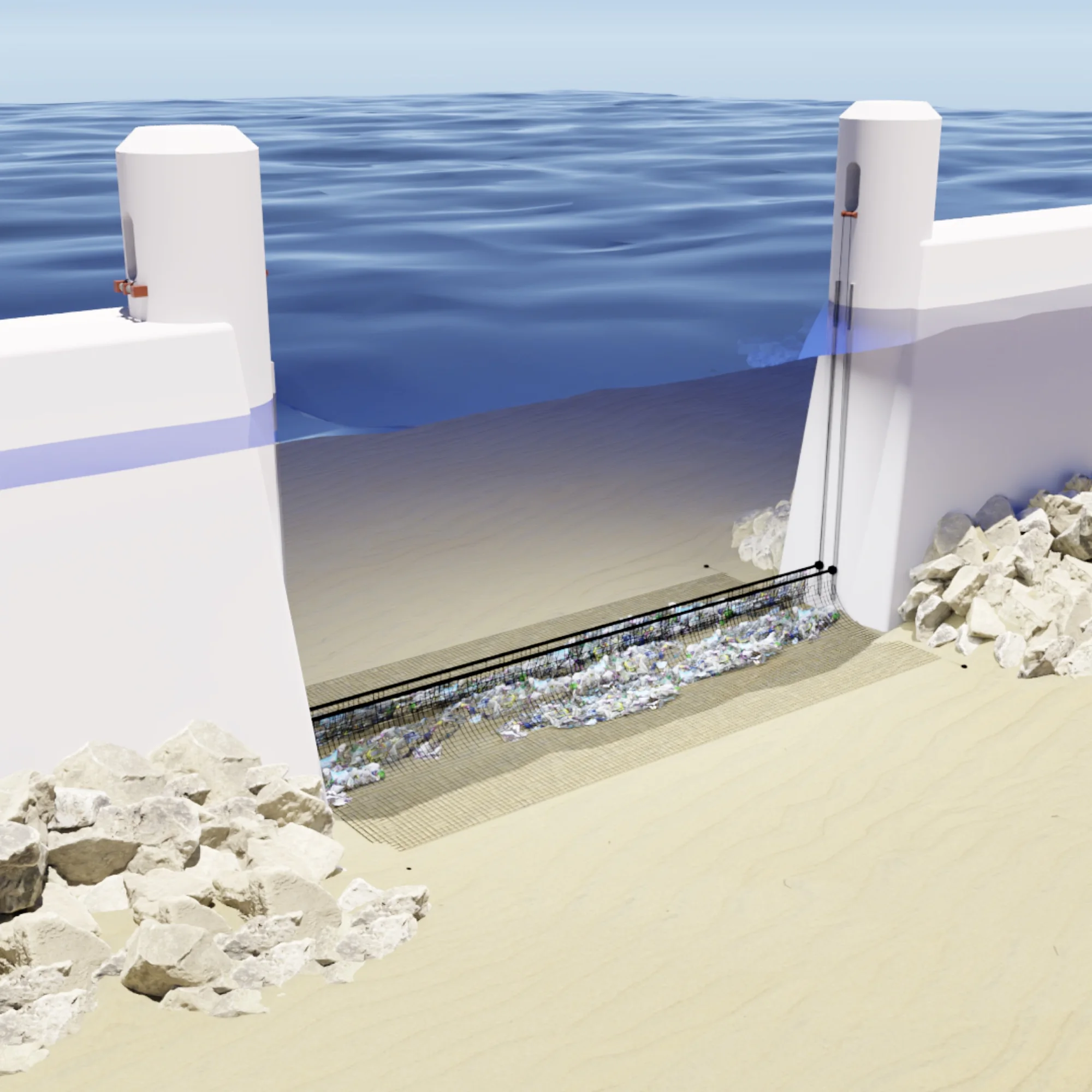 Illustration of the PolluSub passive interception net on the seabed of a port, between two quays